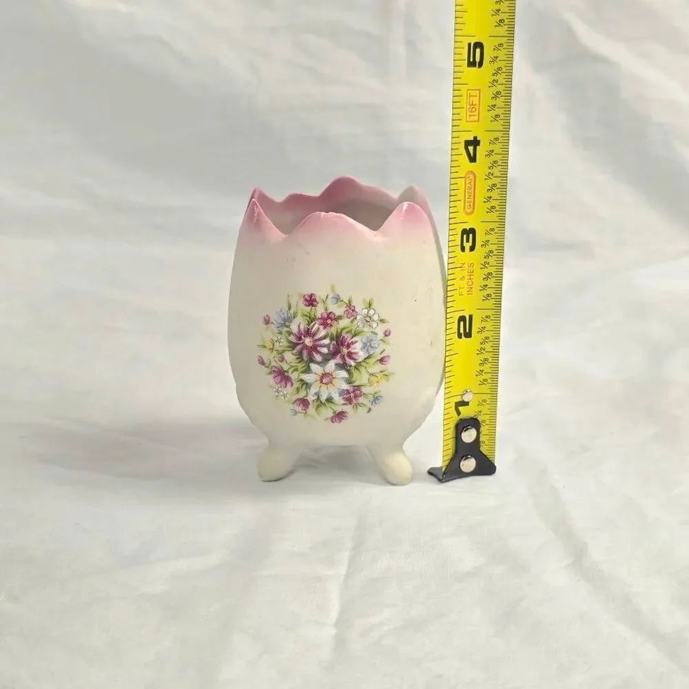 Vintage Pink Floral Egg Vase on Tripod Feet Ceramic